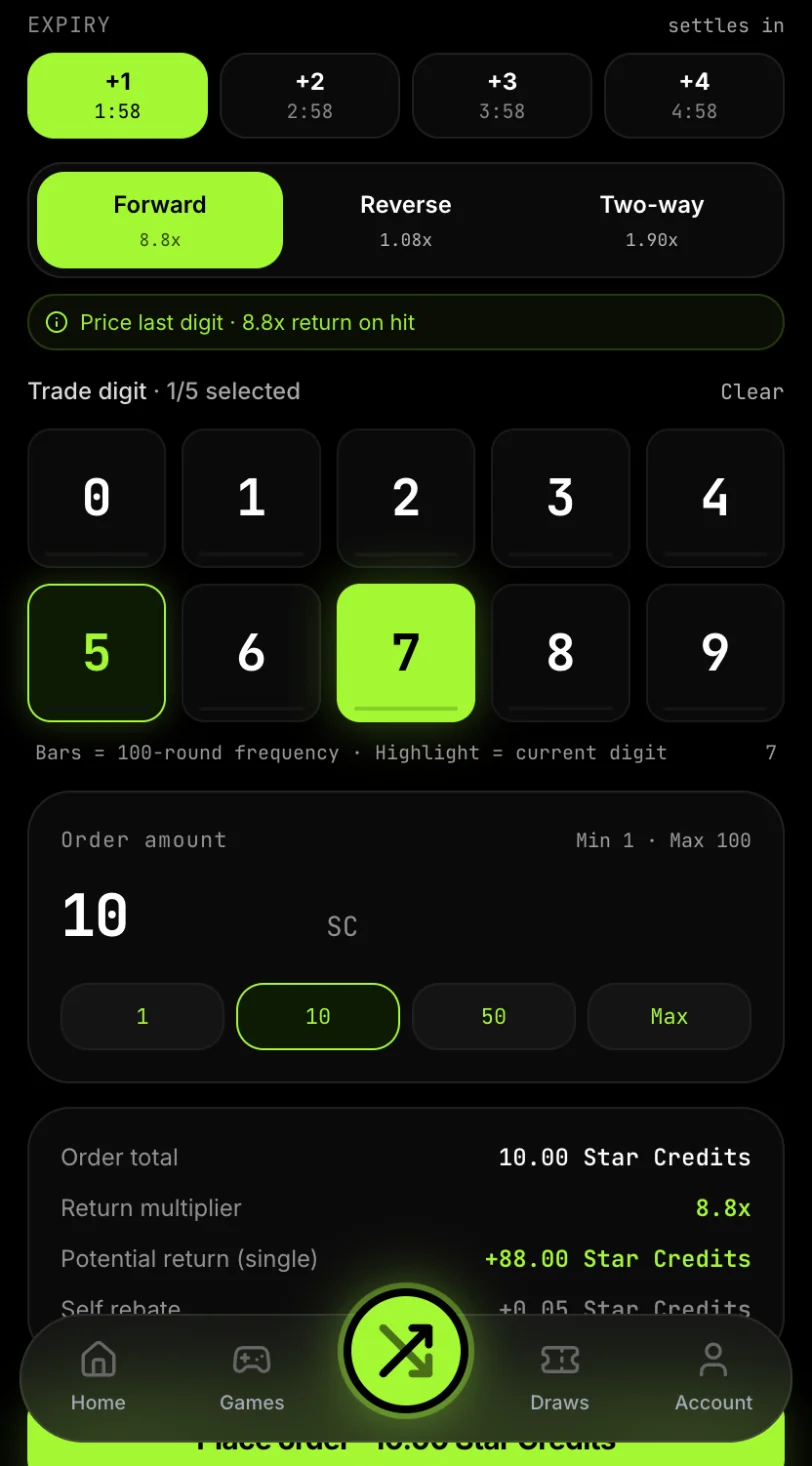 StarX Digit 0-9 trading screen