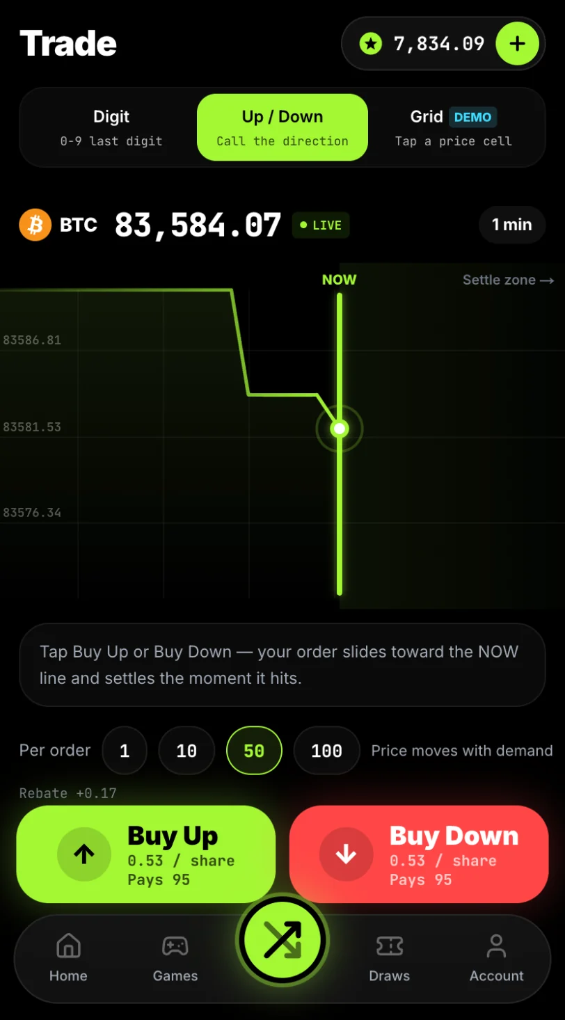 StarX Up / Down trading screen with live BTC line and Buy Up / Buy Down